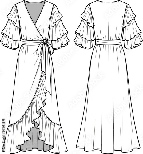 Women wrap dress technical flat sketch, ruffled tiered sleeves maxi gown illustration, asymmetric hem summer clothing vector, fashion design template.