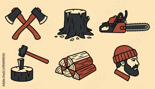 Traditional Tattoo Style Logging Icons: Axe, Stump, Chainsaw Illustration Pack