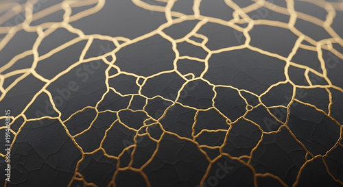 Cracked dry earth surface with golden cracks on black background.