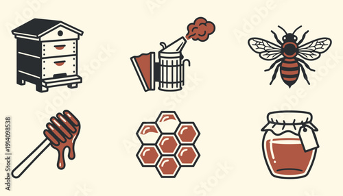 Vintage Beekeeping Icons Honey, Bee, Smoker, and Hive Illustrations