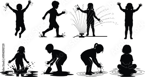 Children playing with water silhouette set, kids summer fun activities, splash fountain concept, minimal vector black and white illustration