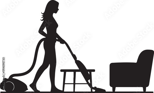 Black silhouette of woman vacuuming in a room with furniture