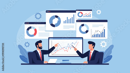 Two successful businessmen in suits analyzing market trends and financial data displayed on a monitor and several floating interface windows.