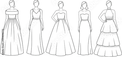 Elegant women evening gown illustration set featuring off shoulder, strapless and halter long dress designs isolated on light background fashion outline collection