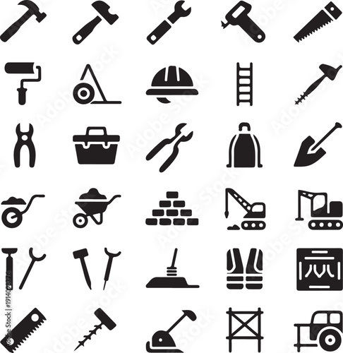 black construction tools and equipment icons on white background