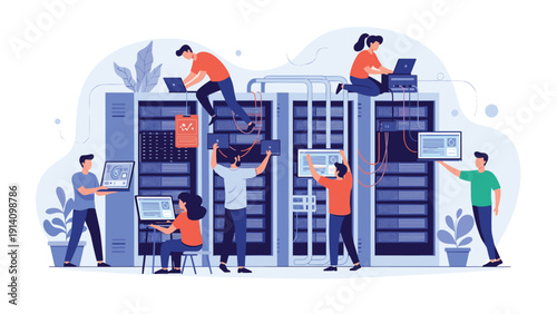 Team of dedicated IT specialists and technicians performing maintenance on large server racks in a modern cloud data center facility.