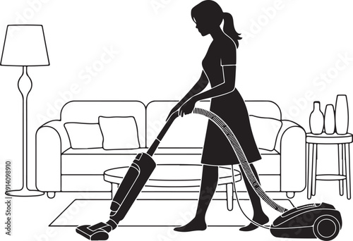 Black silhouette of woman vacuuming living room with couch and lamp