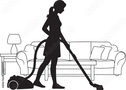 Black silhouette of woman vacuuming living room with couch and lamp