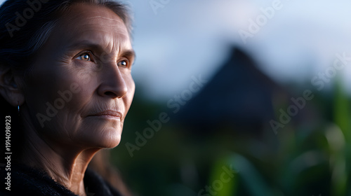 A portrait of an elderly woman staring with a thoughtful expression against a soft sky. She is outside, looking up and right, with light from the sun illuminating her face
