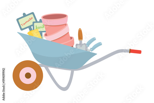 Garden Wheelbarrow with Tools, Vector Illustration for Farm and Market. Garden Cart Bundle, Wheelbarrow and Pots Illustration