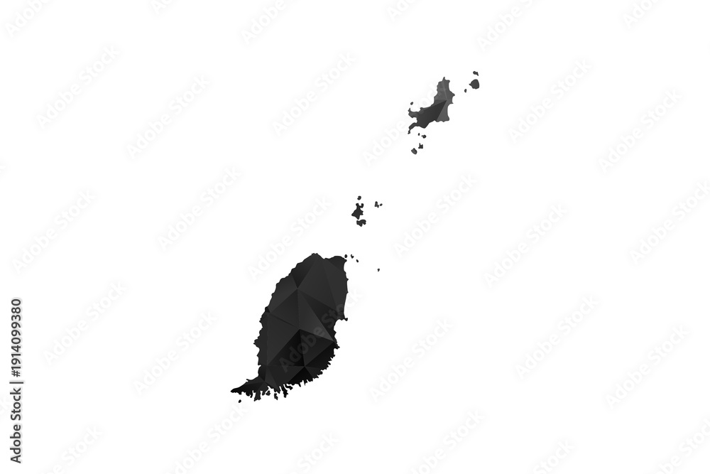 Obraz premium Grenada Map - Polygon Style Vector Illustration in Black and Gray Gradient, Low Poly Geometric Design, Isolated on White Background for Infographics and Education.