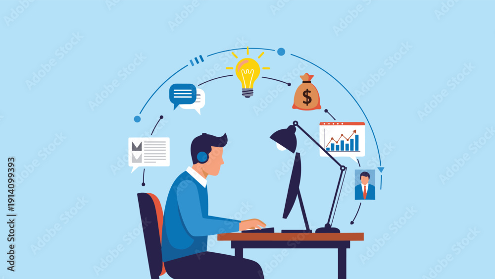 Naklejka premium Creative professional working on a computer while various business icons like a lightbulb, money bag, and charts float in a circular arc.
