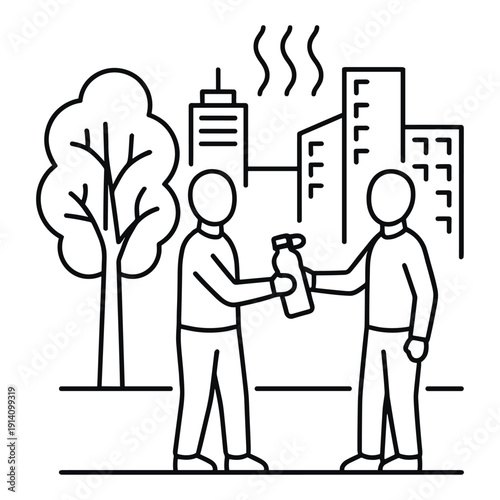 Two people exchanging water bottles in eco friendly city setting