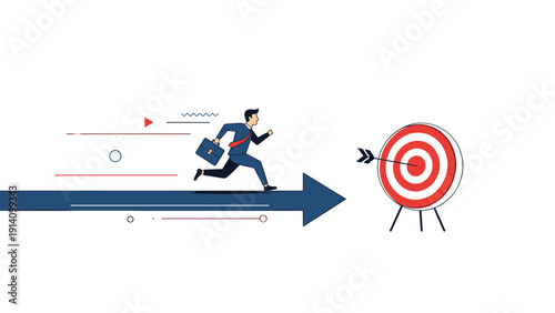 Determined businessman running along a large blue arrow pointing towards a target to achieve his professional goals and business objectives.