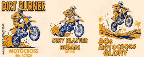 Motocross racing poster design. Dirt bike extreme action artwork. Vintage 1980s racing graphics. Fast speed wheels challenge. Bike print design for t