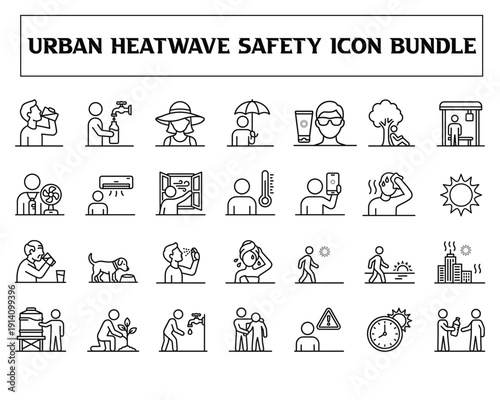 Urban heatwave safety icons set for health and wellness projects