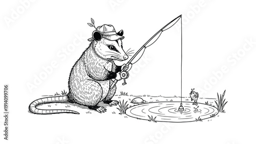  Illustration of a cartoon opossum wearing a hat, joyfully fishing by a pond. It holds a fishing rod with a small fish on the line, surrounded by grass.
