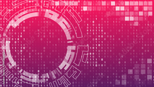 Vibrant pink and purple gradient background showcasing an abstract white digital circuit design and scattered binary code matrix, ideal for modern technology concepts and data visualization.