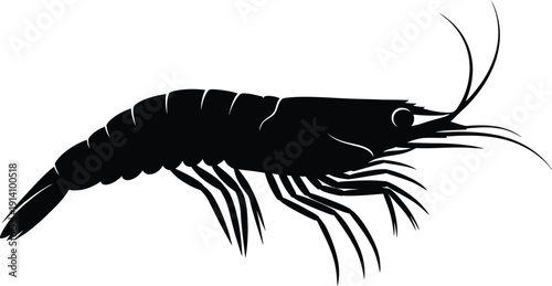 Simple black silhouette of a small swimming shrimp facing right on white.