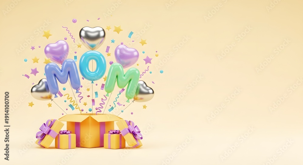 Fototapeta premium Vibrant celebration scene with colorful balloons and gifts for Mom