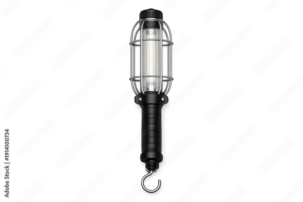 Fototapeta premium Industrial work light with protective cage and hanging hook, isolated on black background