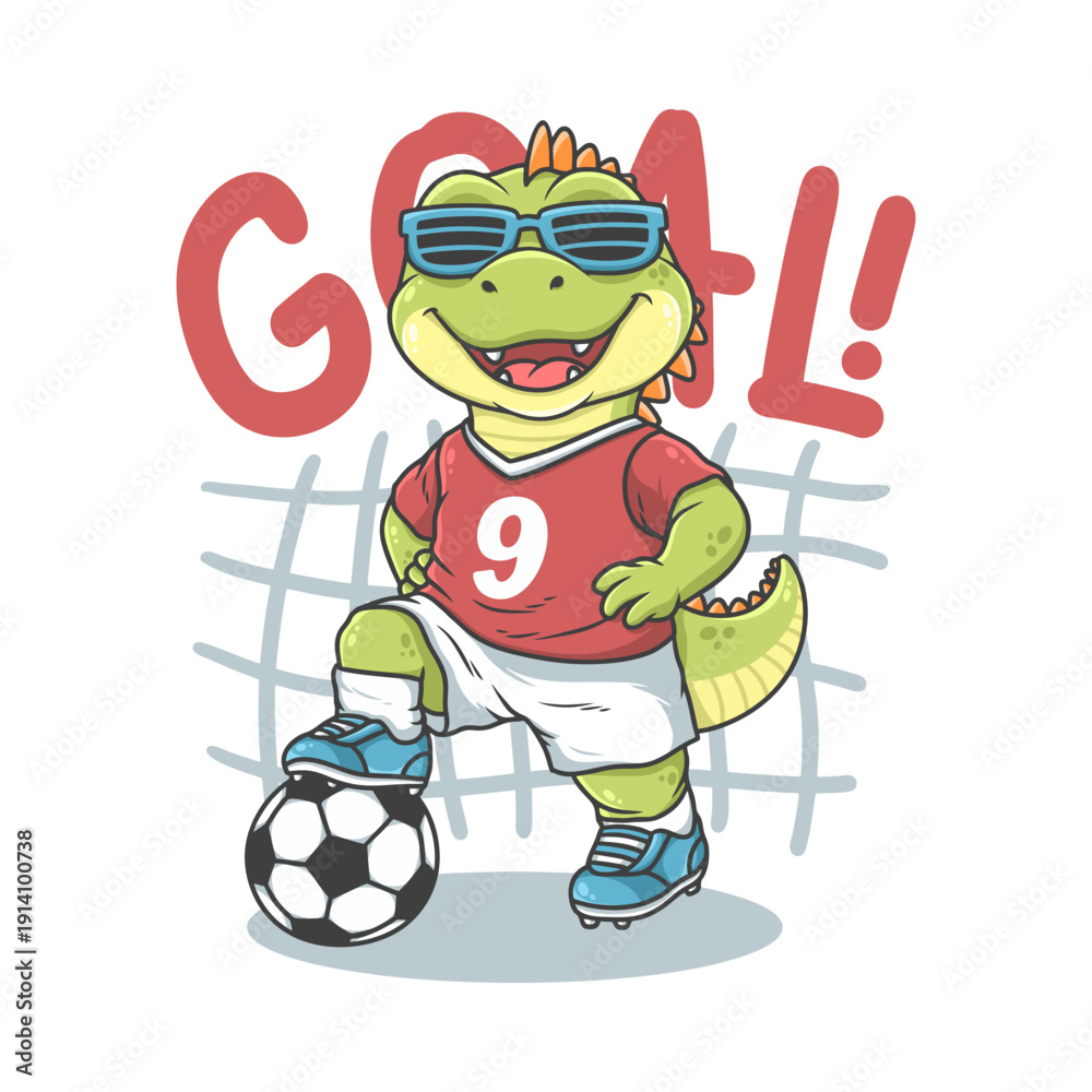 Obraz premium Cartoon Dinosaur Playing Soccer illustration hand drawn, vector ready for print on t-shirt and other uses.