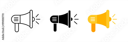 Set of megaphone icons on white background. Loudspeaker vector in outline, flat, and colored styles, flat design illustration.