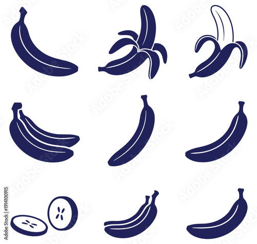 Nine dark blue vector banana icons in various stages of ripeness isolated on white background