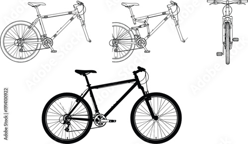 Mountain bicycle technical drawing set, detailed bike vector illustration with side and front views isolated on background