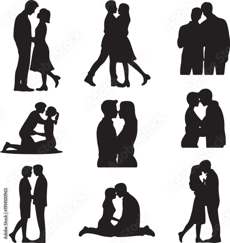 black silhouettes of couples in various romantic poses