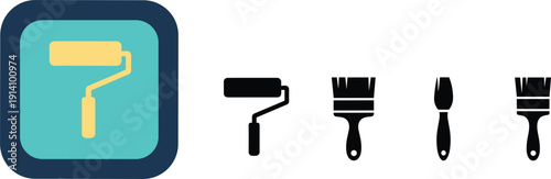 Paint roller and brush tool icon set flat vector illustration isolated