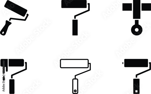 Paint roller and construction tool icon set silhouette and outline vector illustration isolated