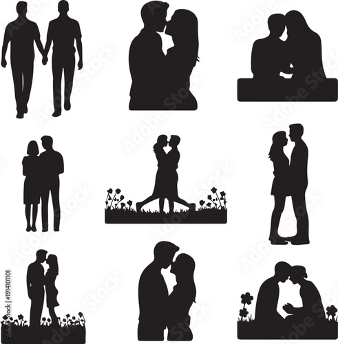 black silhouettes of couples in various romantic poses