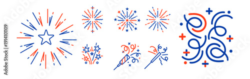 Patriotic Fireworks and Celebration Icons  Line Art Vector Set