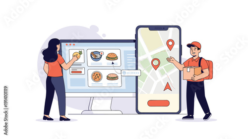 Modern lifestyle concept of online food delivery showing a woman ordering food on a monitor while a delivery man waits with a package.