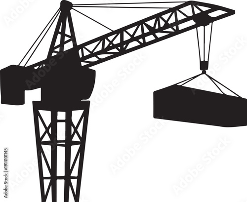 Minimalist black and white crane lifting a load construction