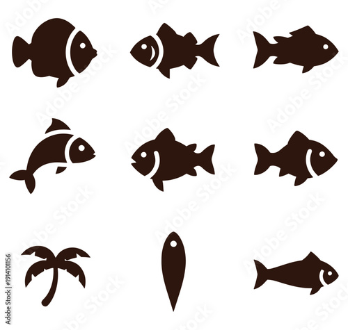 Set of dark brown fish and palm tree silhouettes isolated on white background