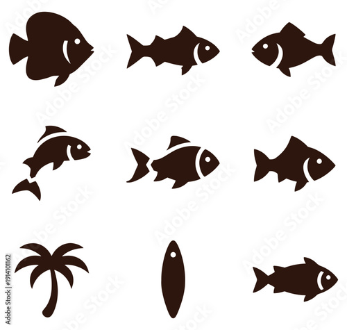 Set of brown fish and palm tree silhouettes isolated on transparent background