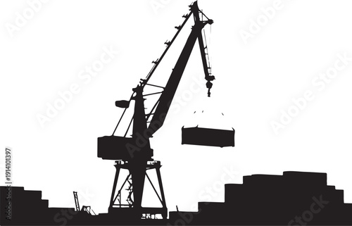 Minimalist black and white crane lifting a load industrial