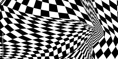Floor in tile checker. Vector pattern of optical illusion. Moving wave with black and white squares. Op art. Background with chessboard grid. Eps10
