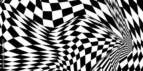 Floor in tile checker. Vector pattern of optical illusion. Moving wave with black and white squares. Op art. Background with chessboard grid. Eps10