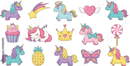 Unicorn fantasy cartoon illustration set, nine colorful icons whimsical poses wings bows sleeping expressions cupcake crown heart lollipop butterfly design, vector artwork, children 