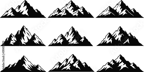 Mountain silhouette collection, black and white alpine peak landscape vector set isolated on light background