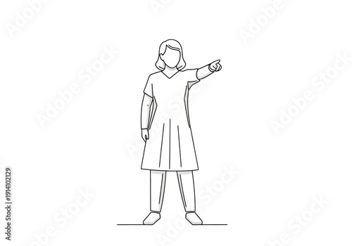 One line drawing of a young woman standing and pointing forward with focus and determination in a minimalist style
