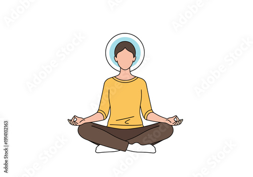 Person practicing meditation in a tranquil lotus pose with serene energy aura above head for reflection and mindfulness contemplation healthy