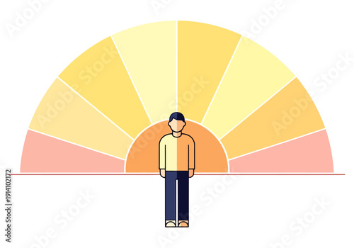 Person Standing Centered Within Colorful Sunburst Radiating Light Rays Effect Concept