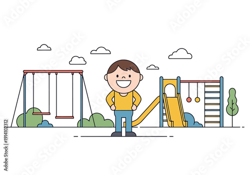 Child Stands Smiling In Sunny Park Playground With Swings Slide And Jungle Gym Ready For Outdoor Recreation Fun Activity