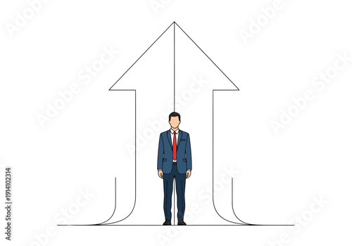 Businessperson Stands Tall Against Upward Arrow Symbolizing Growth Opportunity Career Development and Professional Ambition Isolated on White