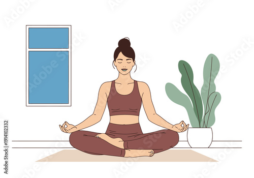 Woman practicing mindful meditation in lotus pose on yoga mat near houseplants and window for indoor wellness and balance