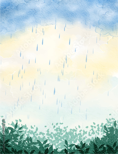 cute abstract watercolor illustration of white cloud blue sky, flower garden field, green forest, meadow hill scenery background wallpaper